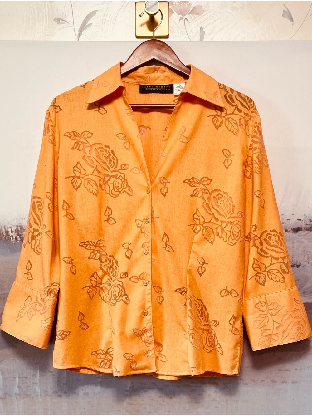 Harve Benard Linen Blend Blouse Orange Burnout Floral Rose Button-Up Size XL